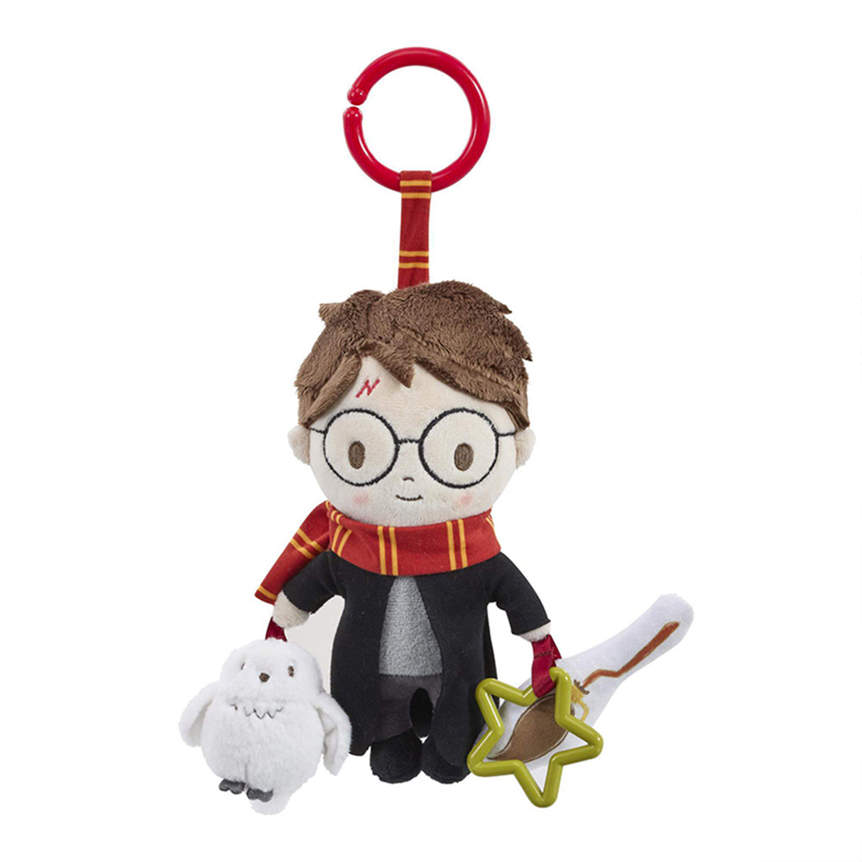 A plush Harry Potter toy with round glasses, a lightning bolt scar, wearing Hogwarts robes and a Gryffindor scarf, holding a Firebolt broomstick and accompanied by a squeaking owl toy.