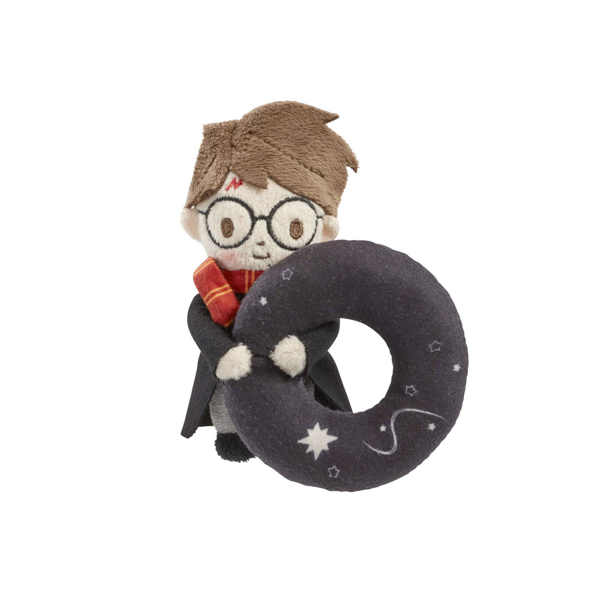 Plush toy resembling a character from a popular franchise harry potter holding a black plush ring with star patterns on a white background.