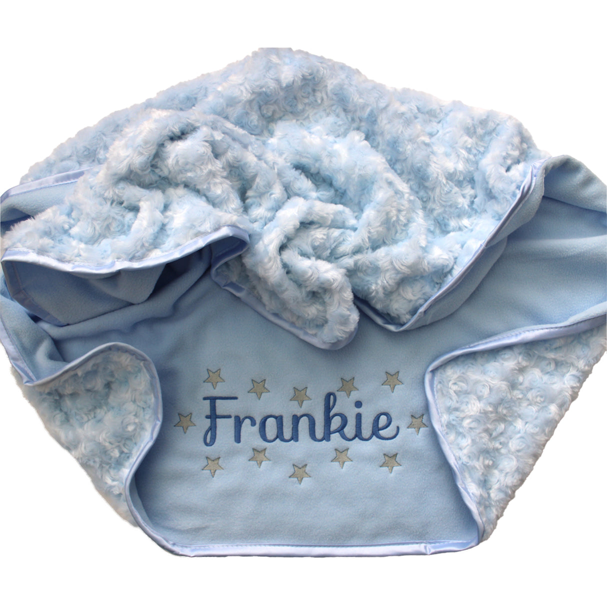 Blue blanket with personalised name with stars on a white background