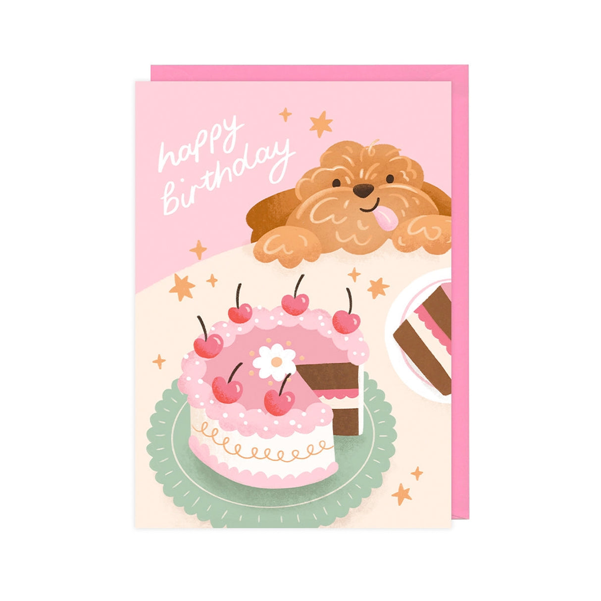 Birthday card with a dog and cake illustration on a pink background