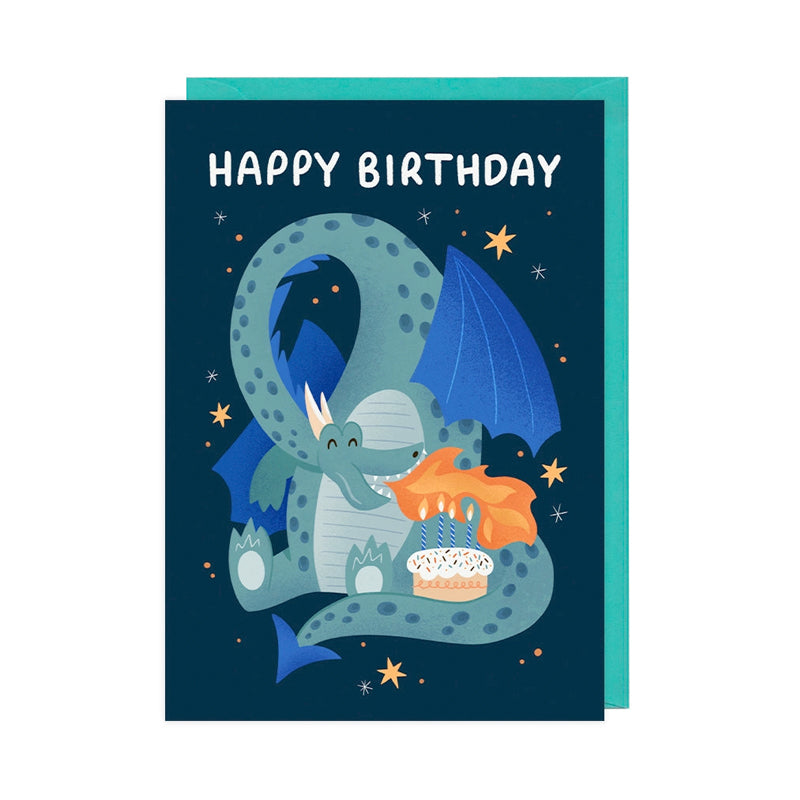 Birthday card with a dragon illustration on a dark blue background