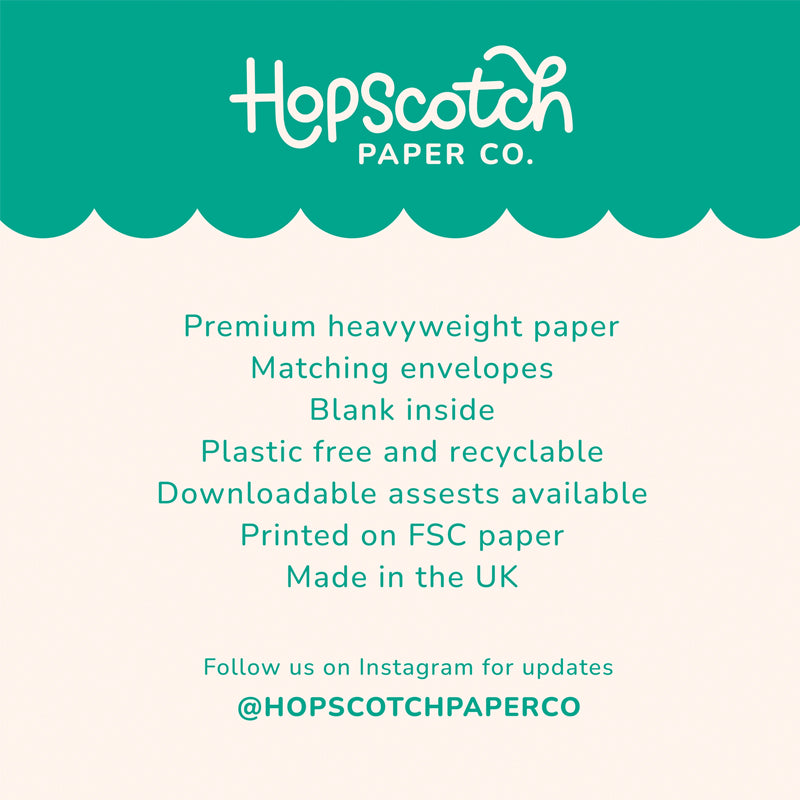 Hopscotch Paper Co. promotional text on a teal and white background