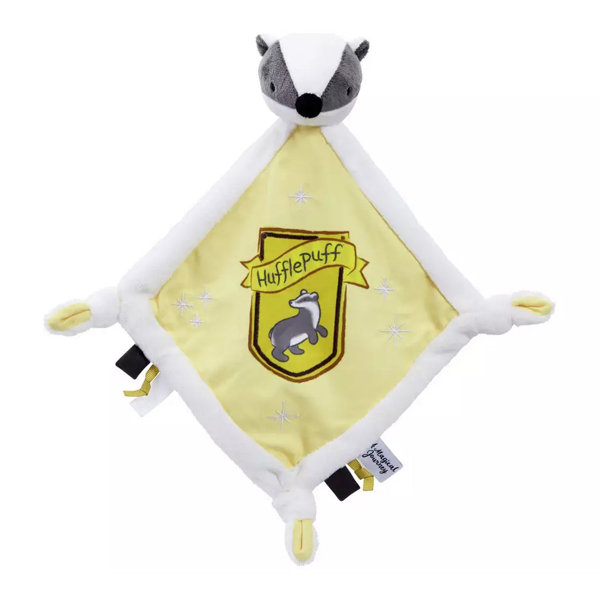 A Harry Potter themed Hufflepuff comfort blanket with a badger's head, featuring the Hufflepuff crest with yellow and white colours and embroidered stars.