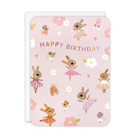 Birthday card with ballerina rabbits and flowers on a pink background