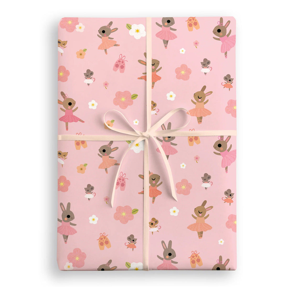 Gift wrap with bunny and flower pattern on a pink background
