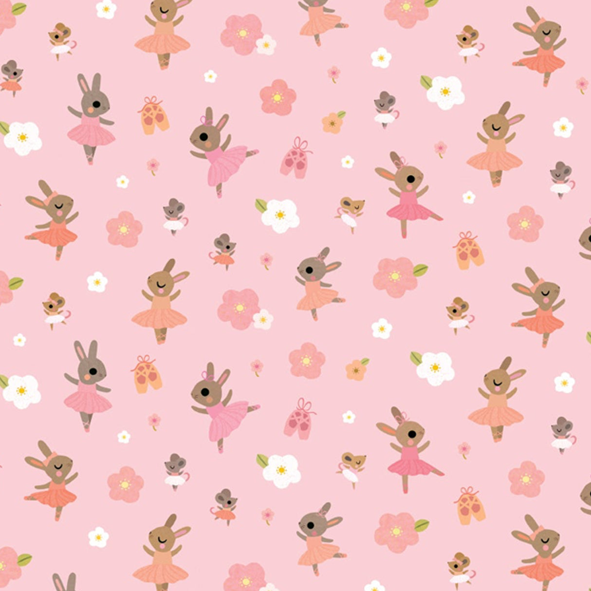 Pattern of ballerina rabbits and flowers on a pink background