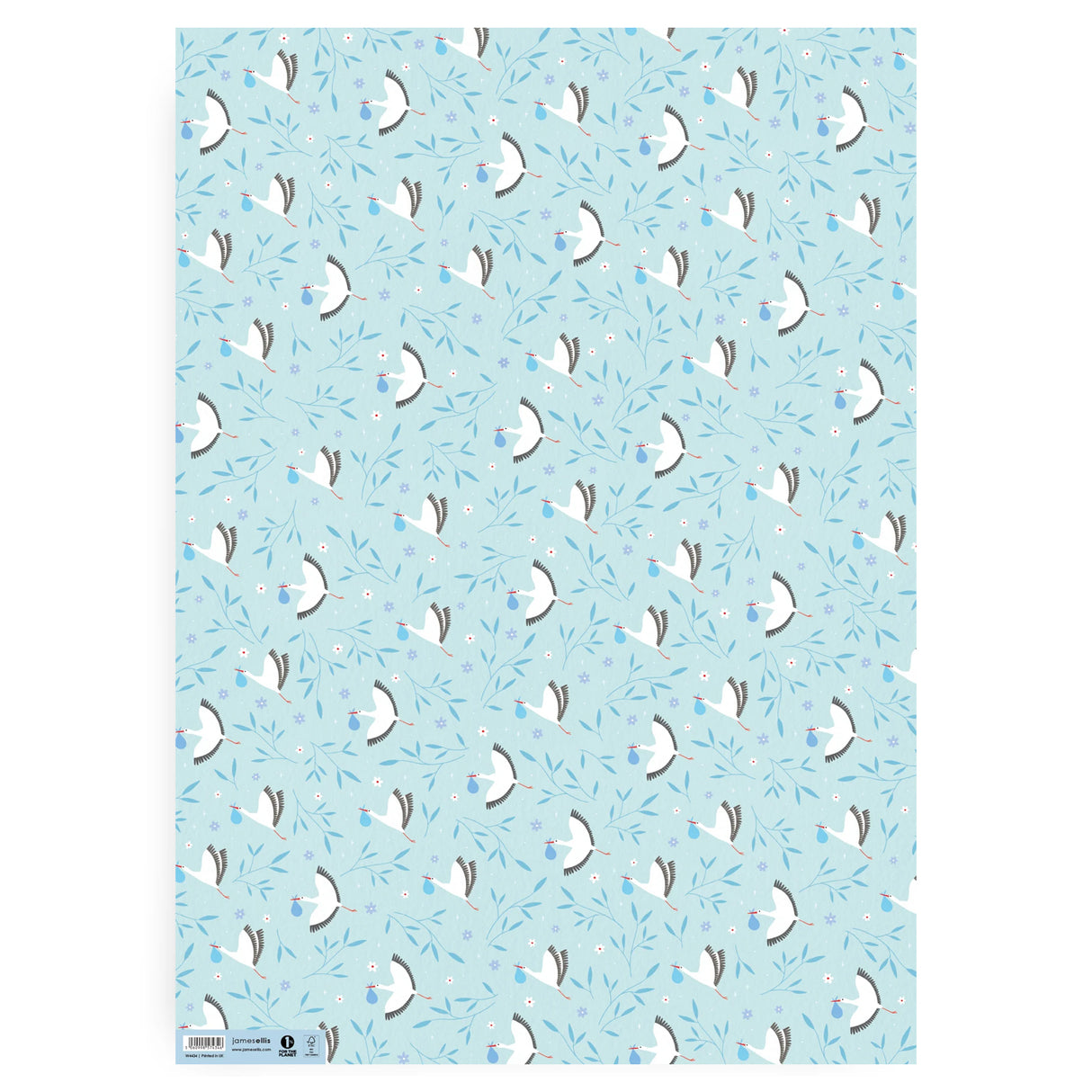 A Patterned blue gift wrap paper sheet with white storks holding a blue bundle and blie leaves with purple flowers