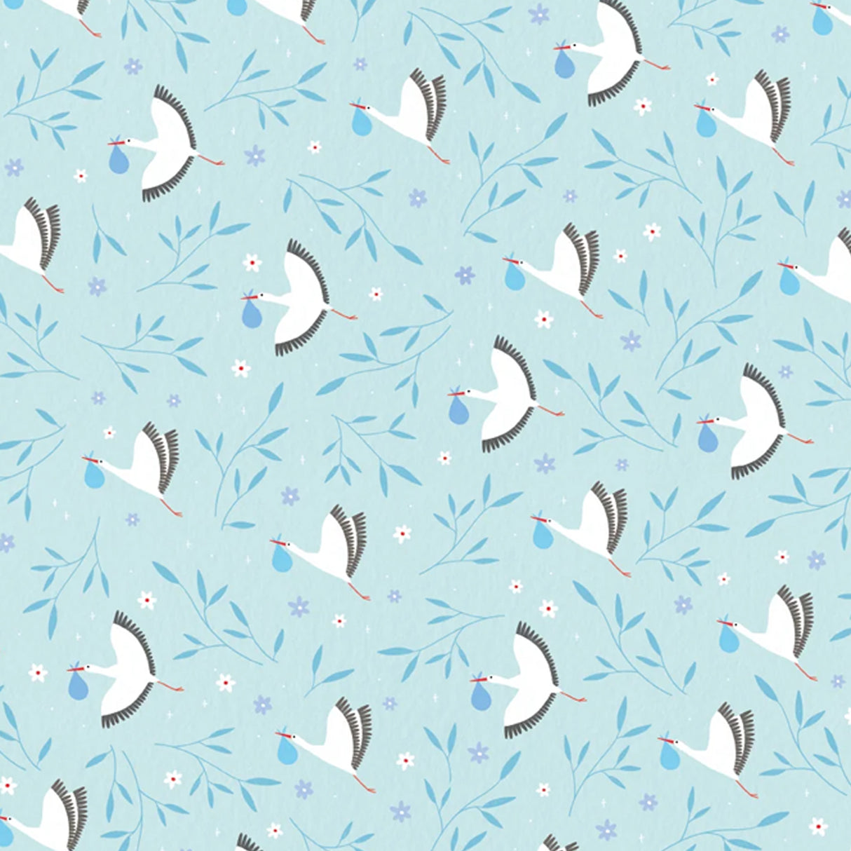 A Patterned of wrap paper with white storks holding a blue bundle and blie leaves with purple flowers on a blue background