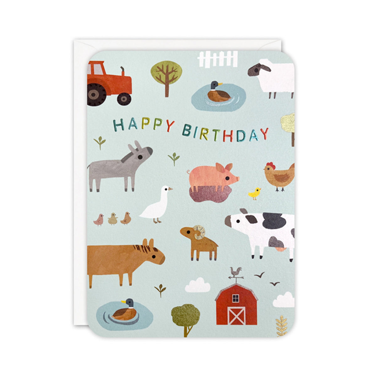 Children's birthday card with farm animal illustrations on a light blue background