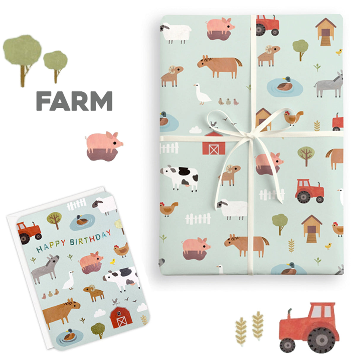 Gift wrap with farm animal pattern and 'Happy Birthday' card on a white background