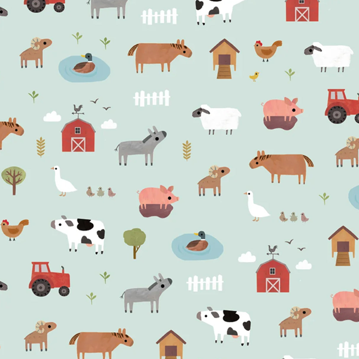 Pattern of farm animals and structures on a light blue background