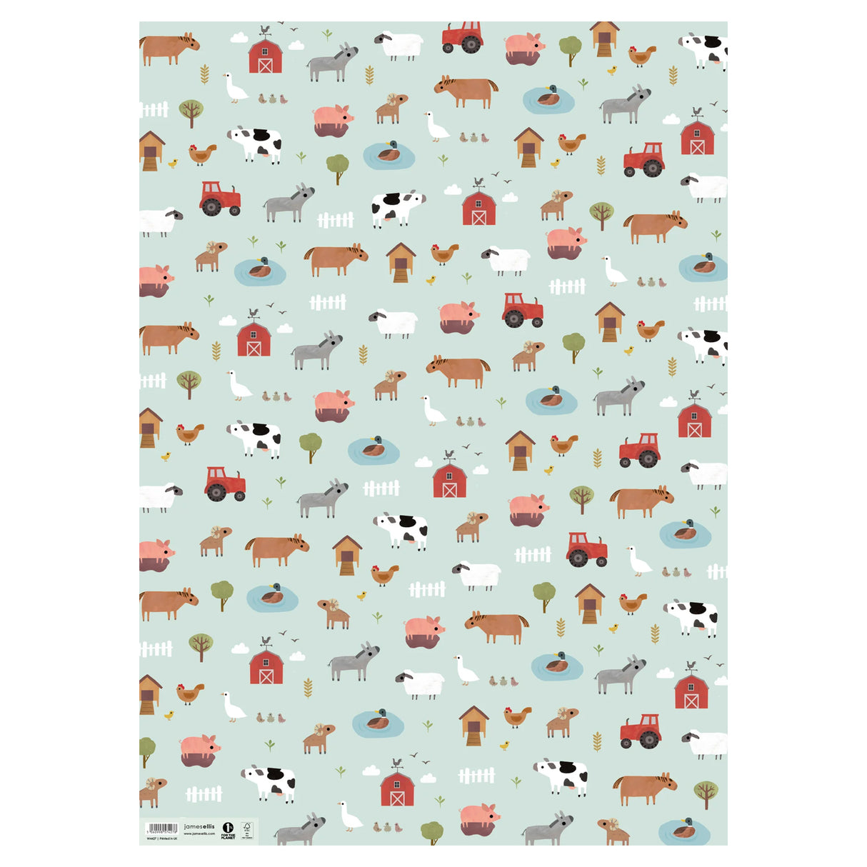 Patterned paper with farm animals and vehicles on a light blue background