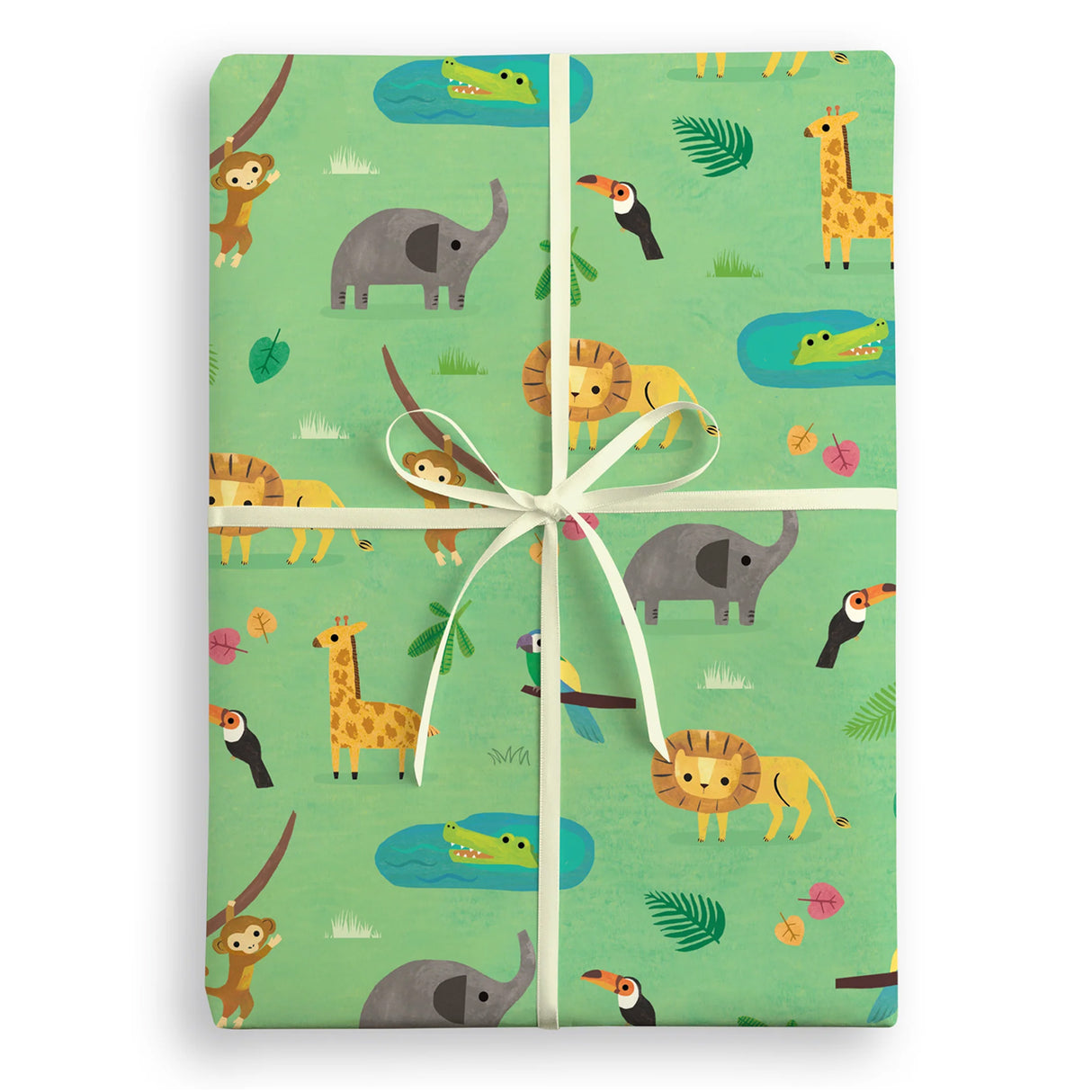 Gift box wrapped with jungle-themed paper featuring animals on a white background