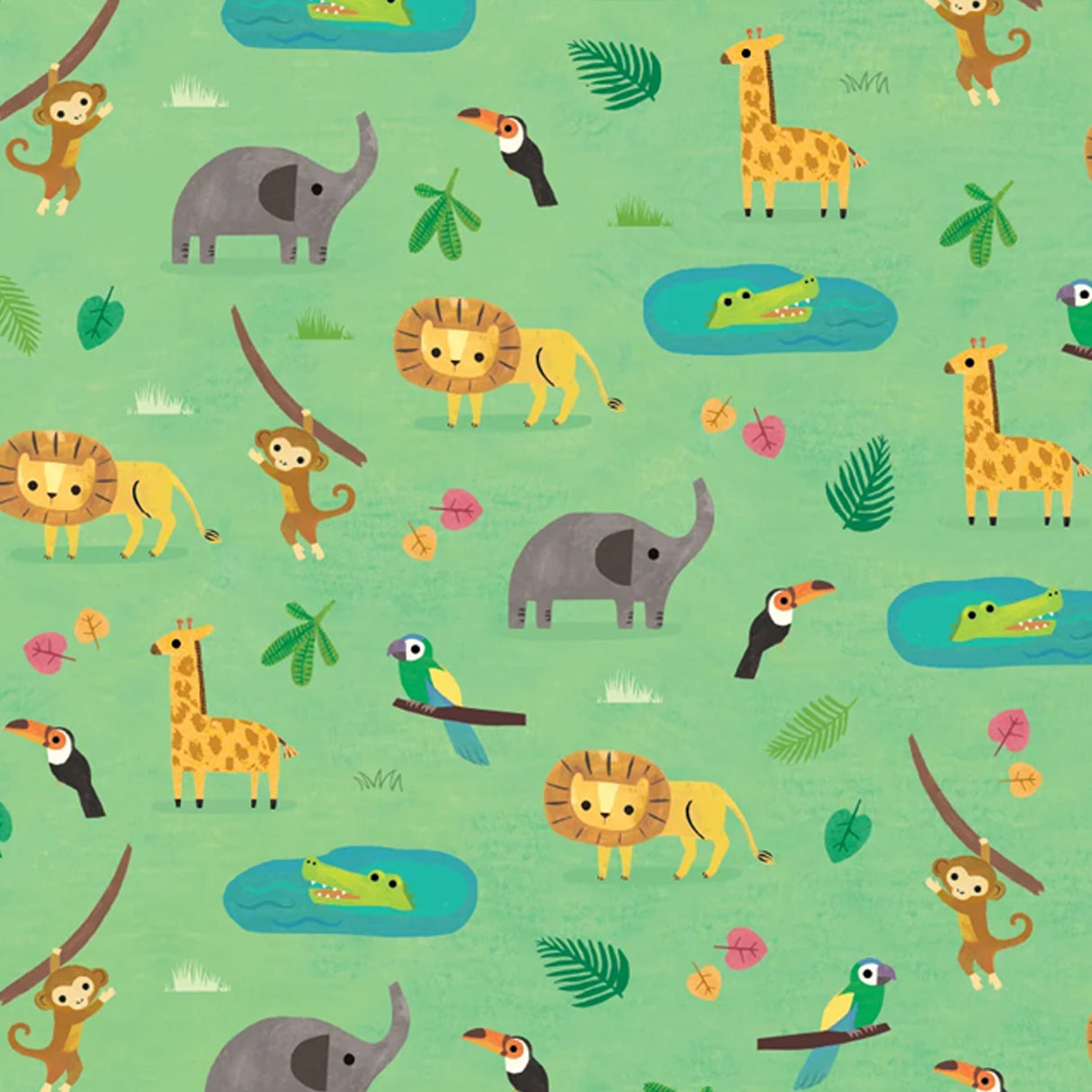 Pattern of colorful jungle animals on a green background