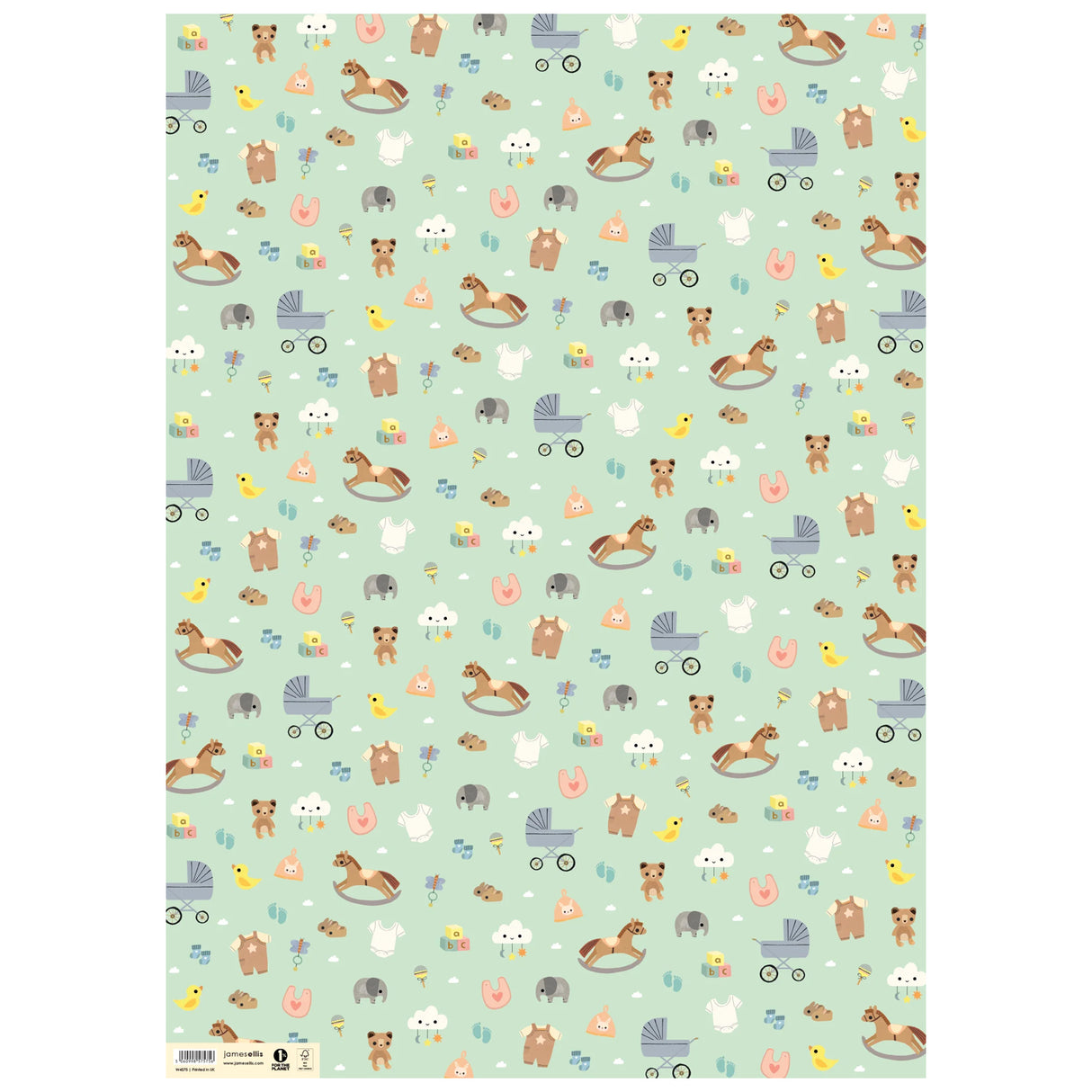 Patterned paper with baby-themed illustrations on a light green background