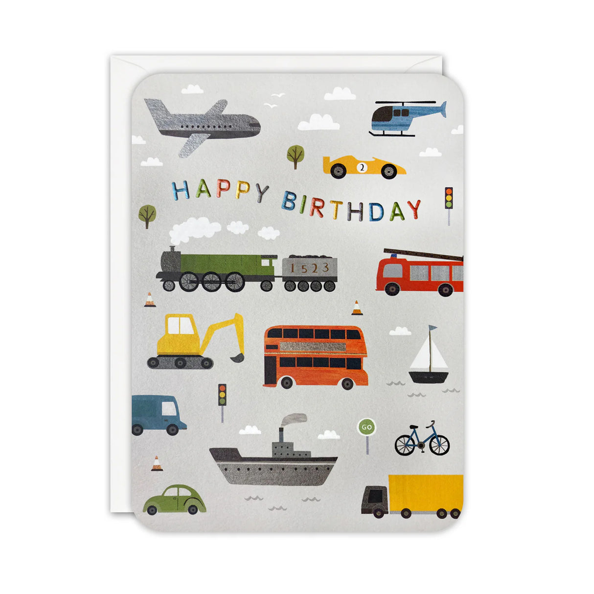 Children's birthday card with various transportation vehicles on a white background