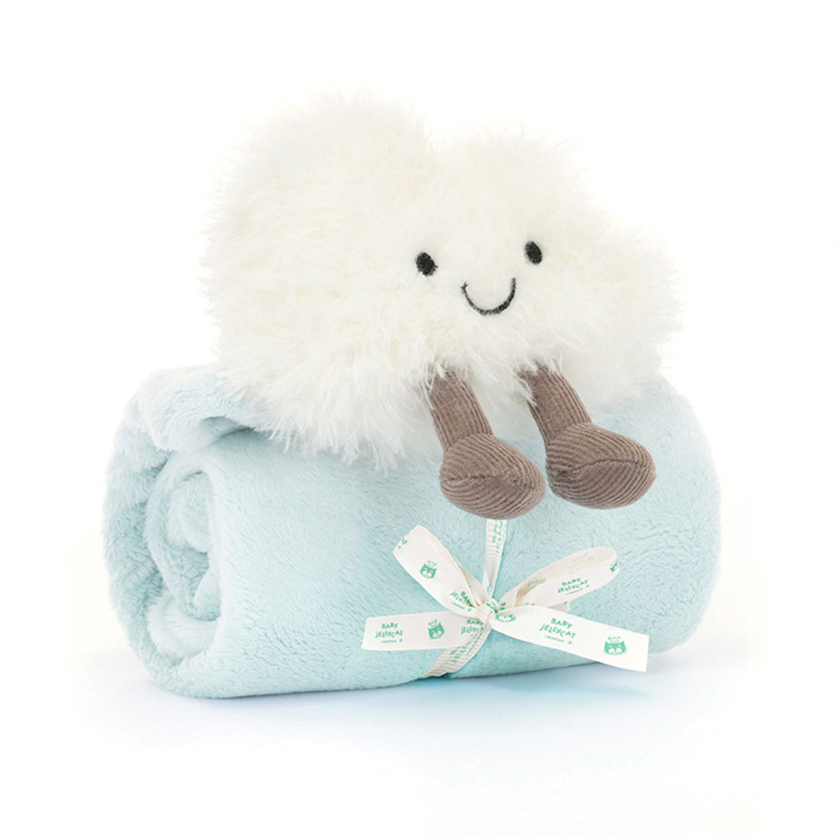 Plush toy with a white face and brown feet on a light blue blanket, on a white background