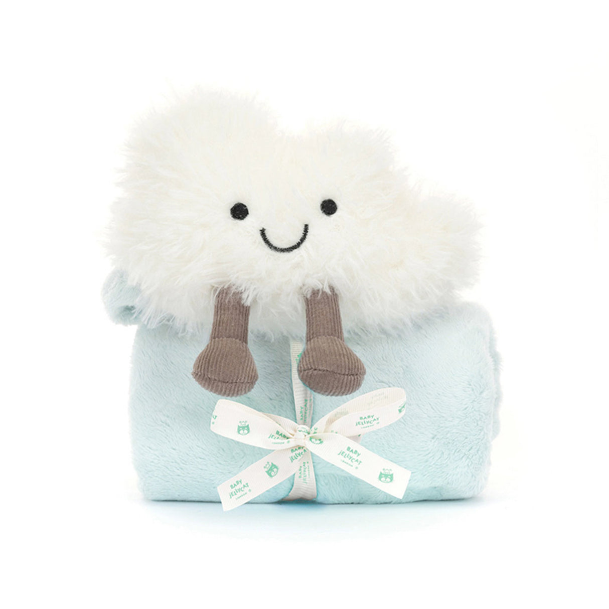 Jellycat Baby comfort blanket with cloud-shaped with smiling face plush toy on a white background