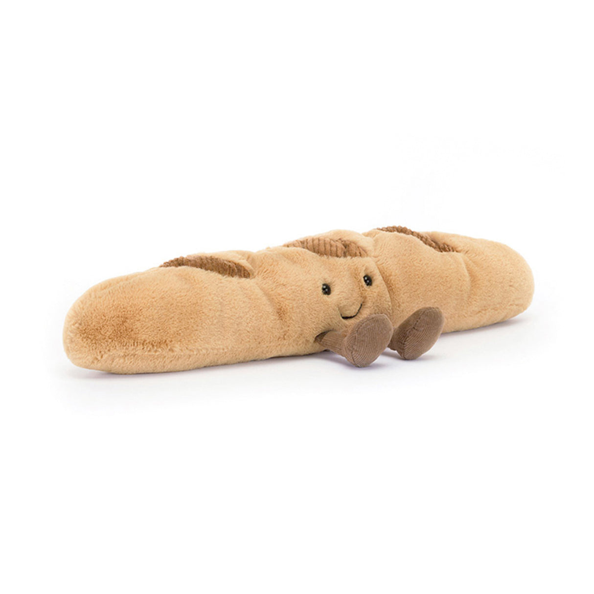 Jellycat Plush baguette toy with a face on a white background