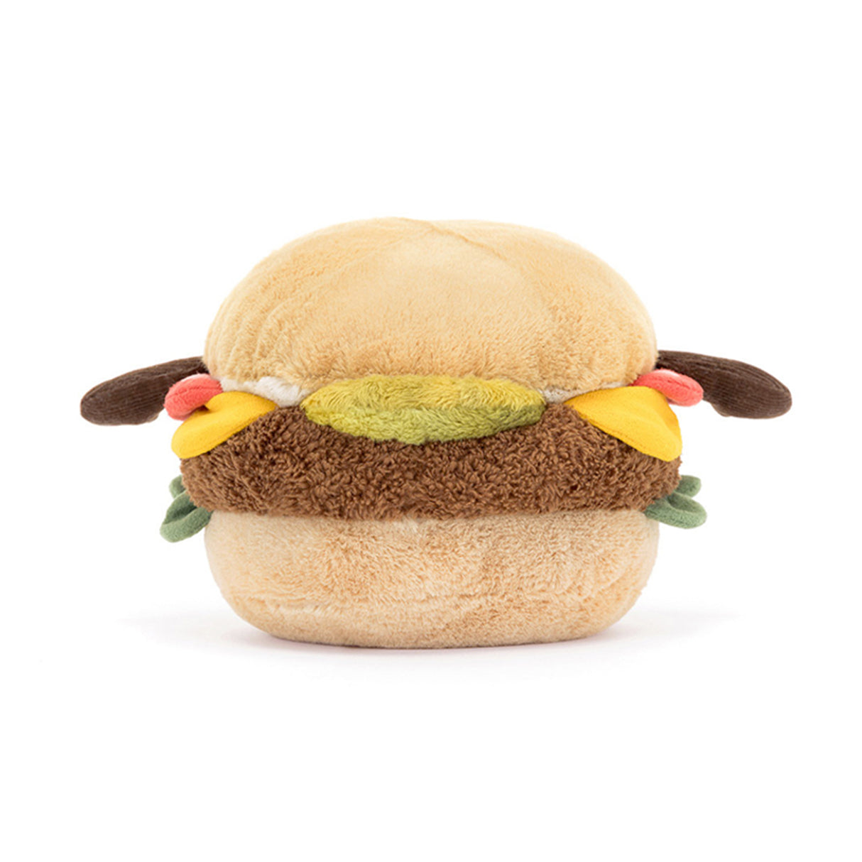 Jellycat Plush toy resembling a hamburger on a white background