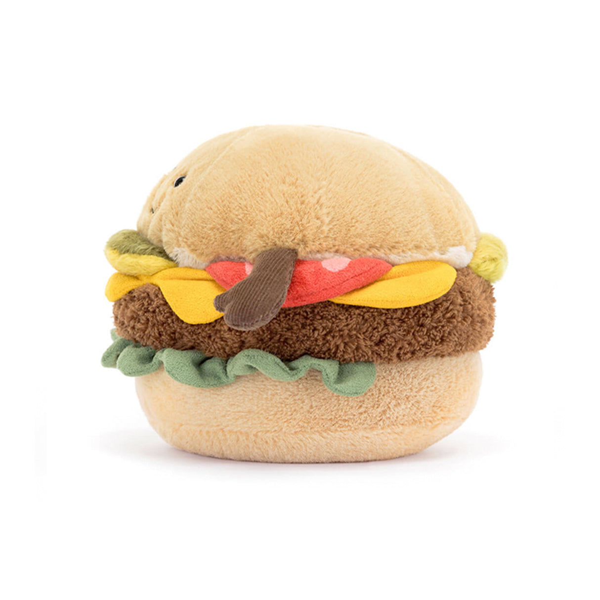 Jellycat Plush toy shaped like a hamburger on a white background