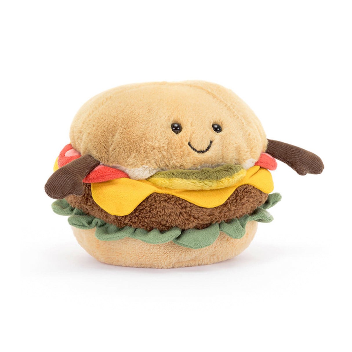 Jellycat Plush toy hamburger with a smiling face on a white background