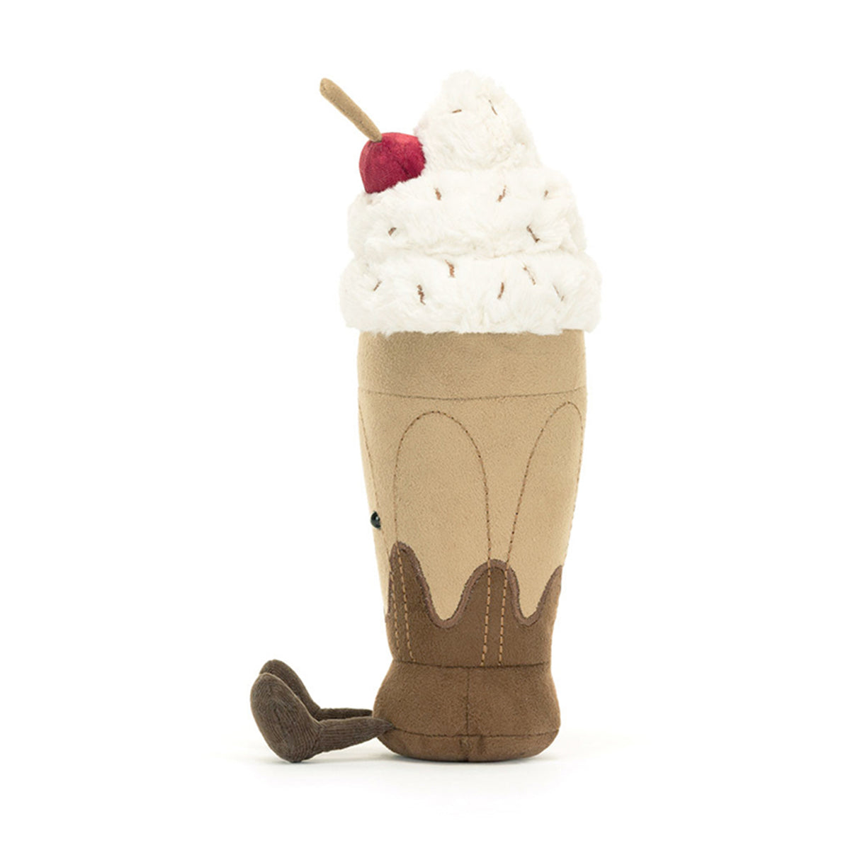 Jellycat Plush toy resembling a milkshake with whipped cream and a cherry on top, on a white background.