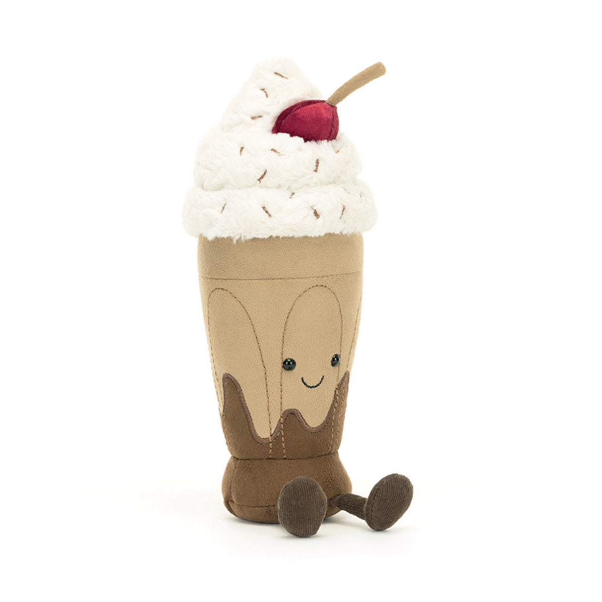 Jellycat Plush toy resembling a ice cream cone with whipped cream and a cherry on top against a white background