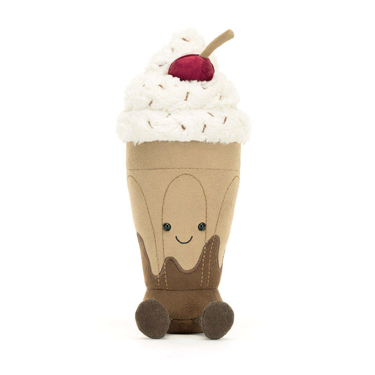 Jellycat Stuffed toy resembling a milkshake with whipped cream and a cherry on top against a white background