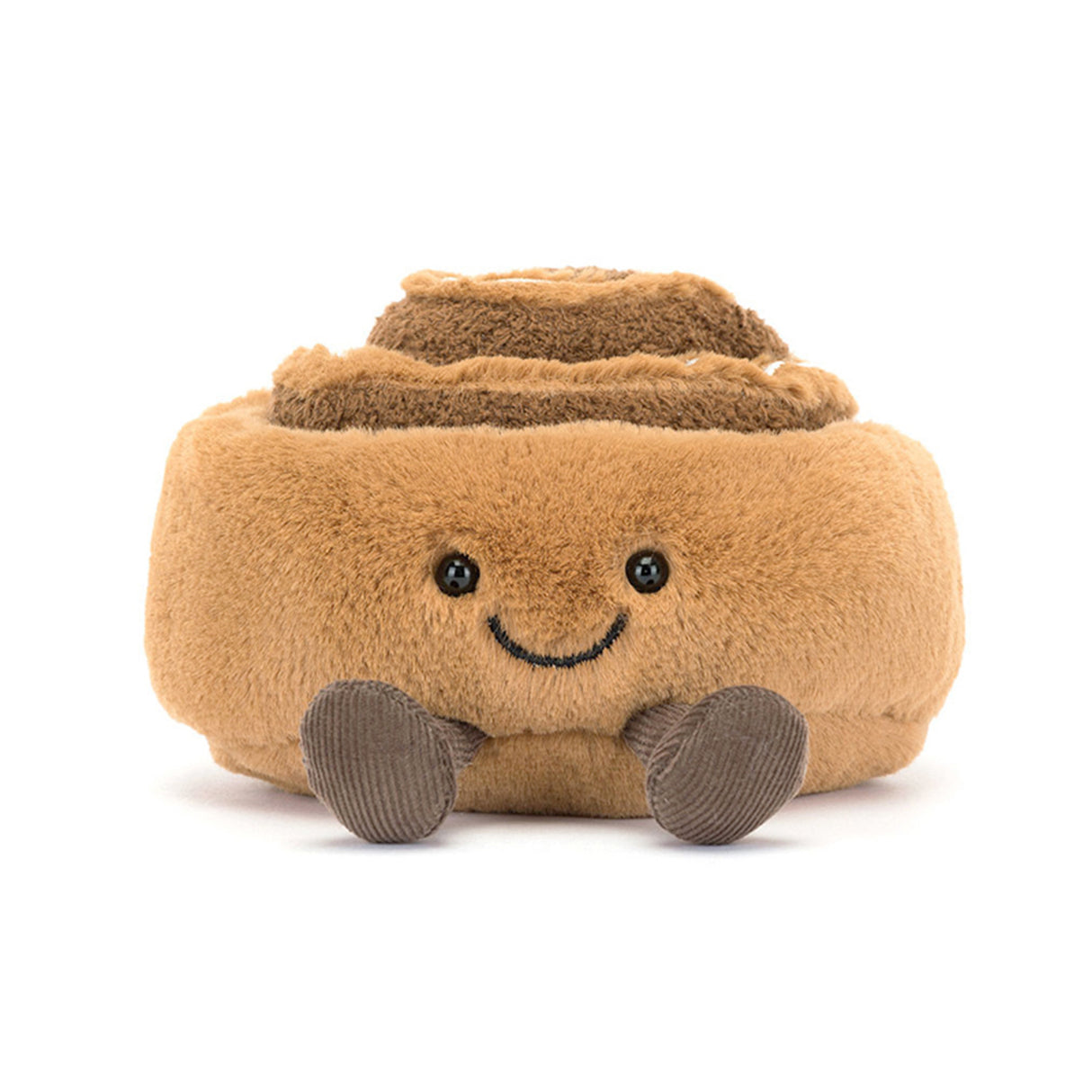 Plush Jellycat toy resembling a cinnamon roll with a smiling face on a white background