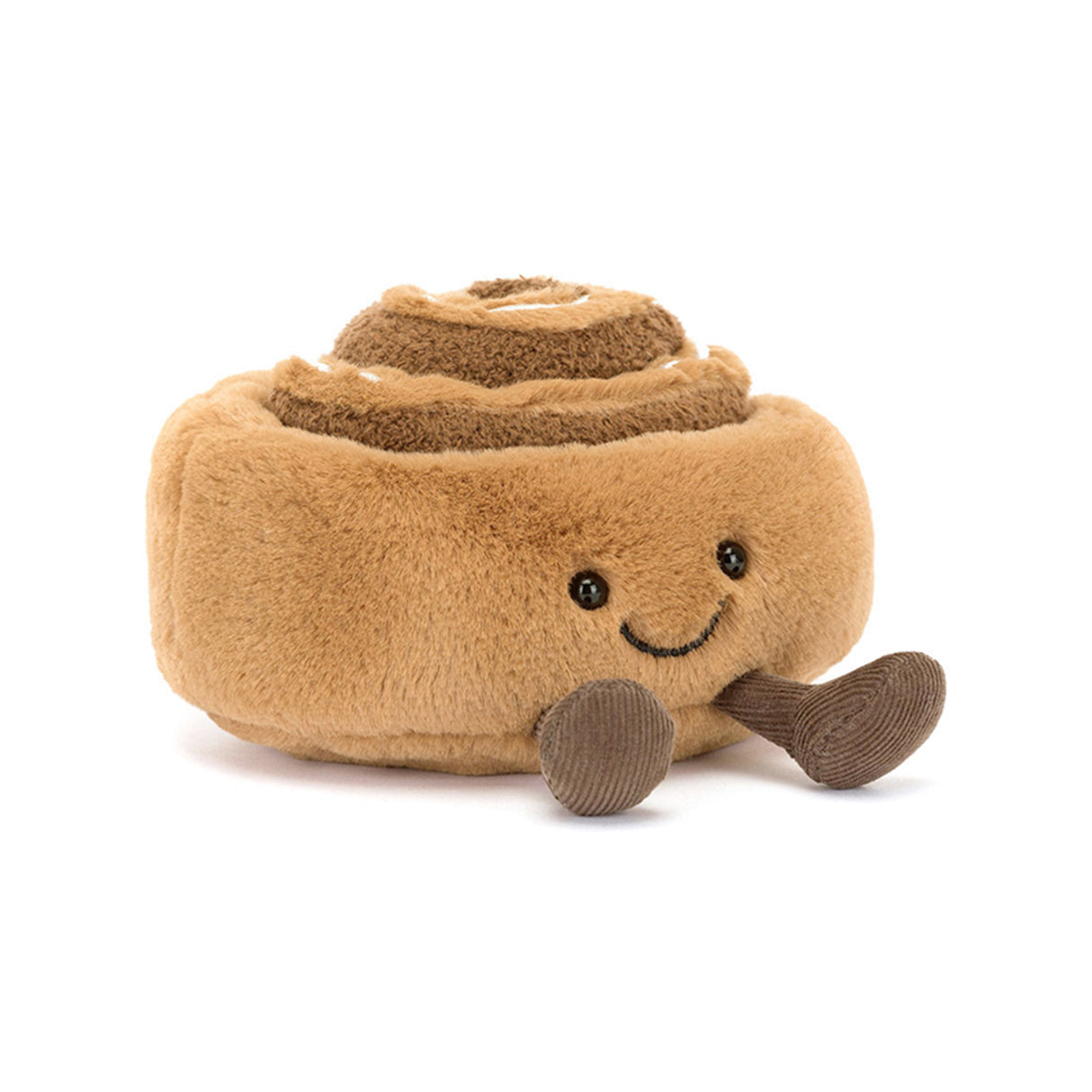 Plush toy shaped like a cinnamon roll with a smiling face on a white background