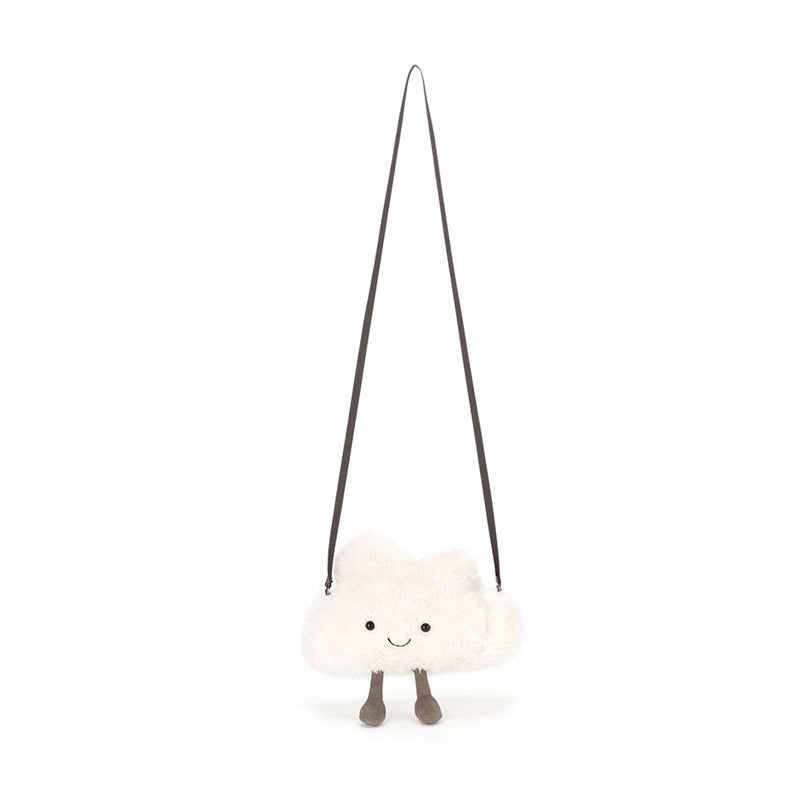 A plush white cloud-shaped bag with a smiling face and grey cordy legs, attached to a grey strap.