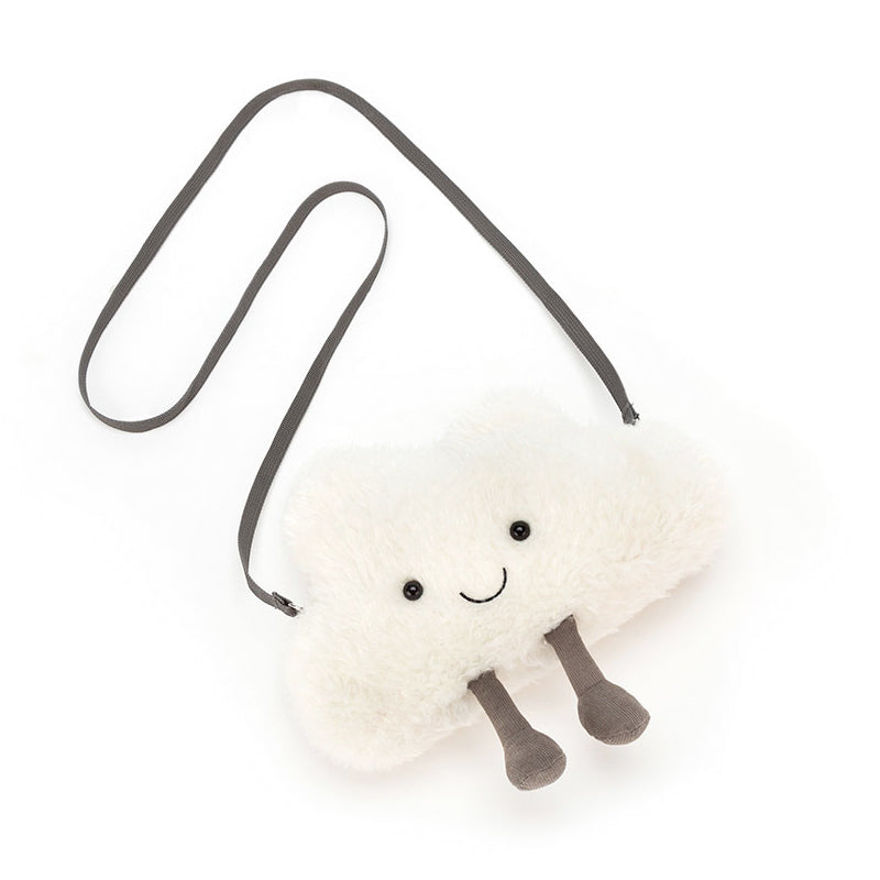 A plush white cloud-shaped hand bag with a smiling face and grey cordy legs, attached to a grey strap.