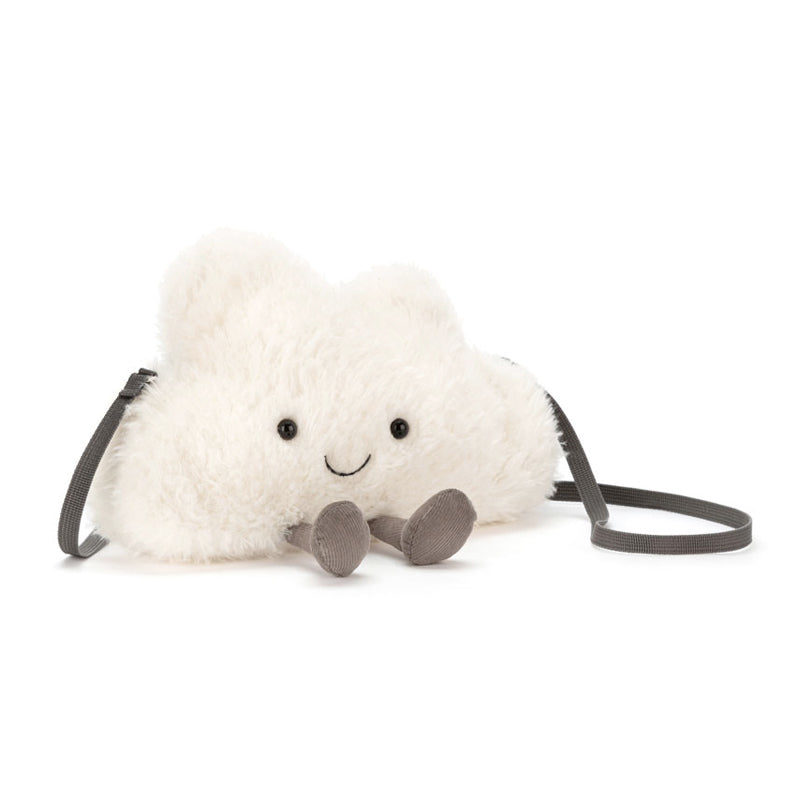 A plush white cloud-shaped bag with a smiling face and grey cordy legs, attached to a grey strap.
