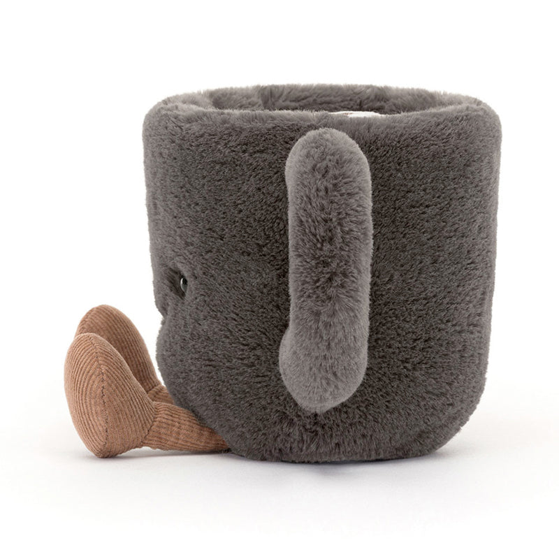 A plush coffee cup toy with a gray exterior, corduroy boots, and a smiling face.