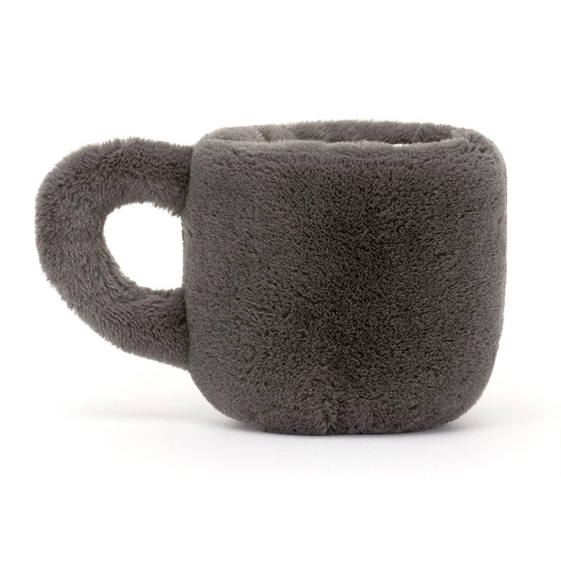 A plush coffee cup toy with a gray exterior