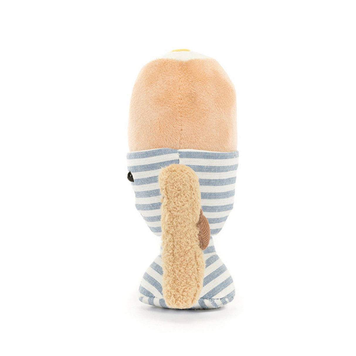 Toy resembling a boiled egg with a smiling face, striped body, and brown arms holding a toast soilder on a white background