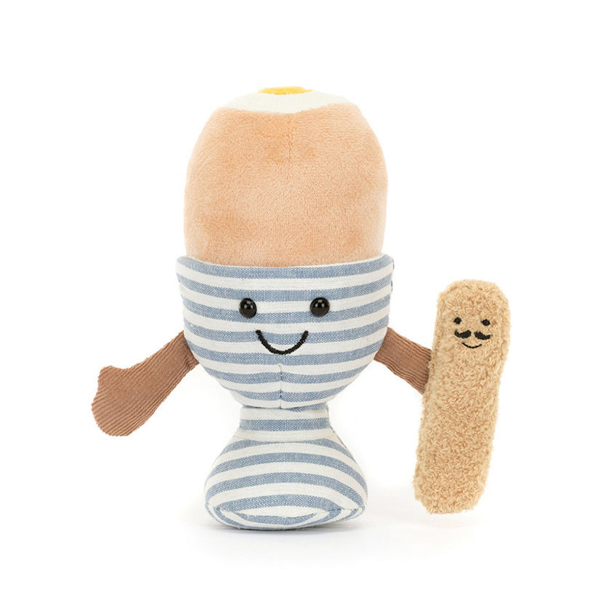 Toy resembling a boiled egg with a smiling face, striped body, and brown arms holding a toast soilder on a white background