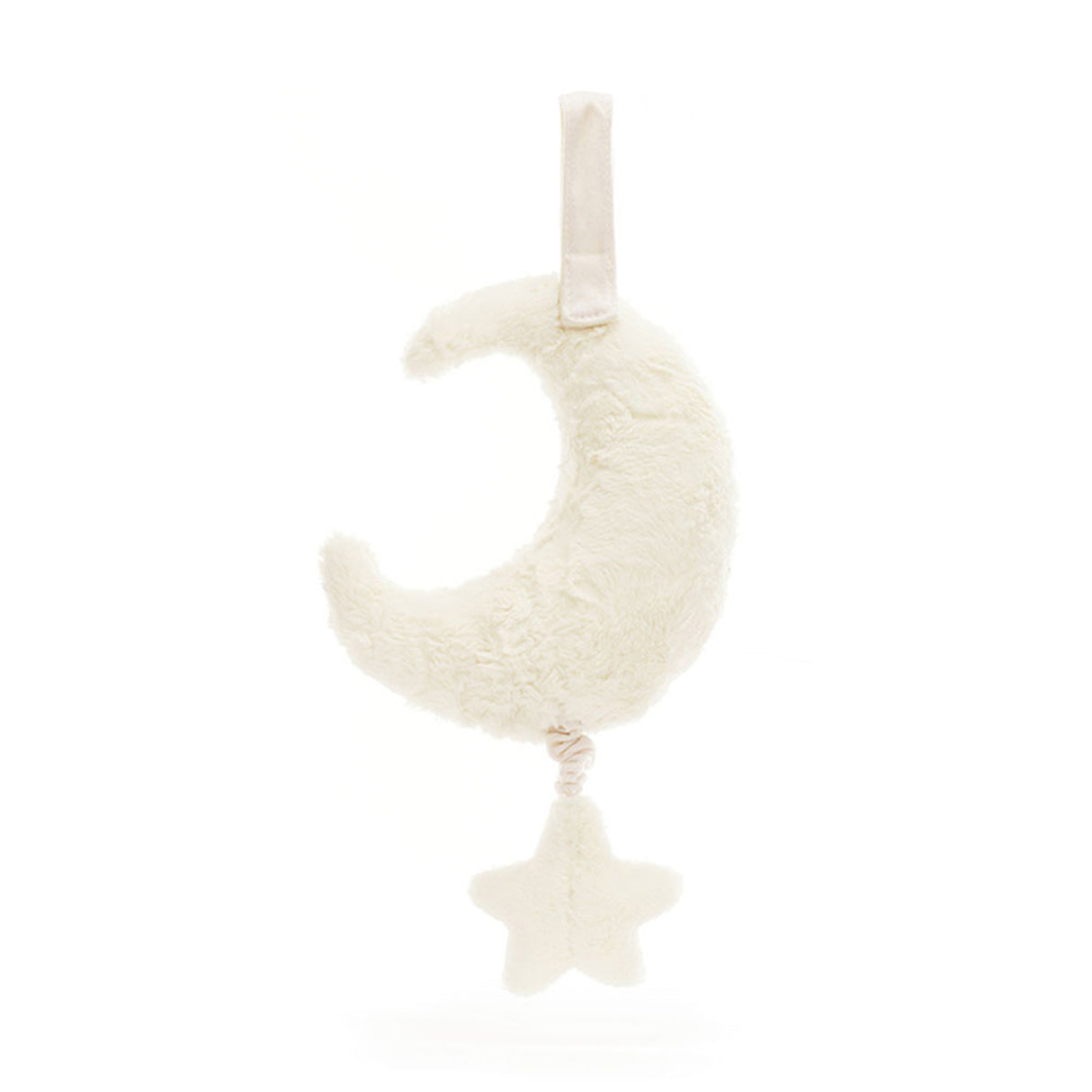 Musical plush toy shaped like a crescent moon with a star hanging from it on a white background