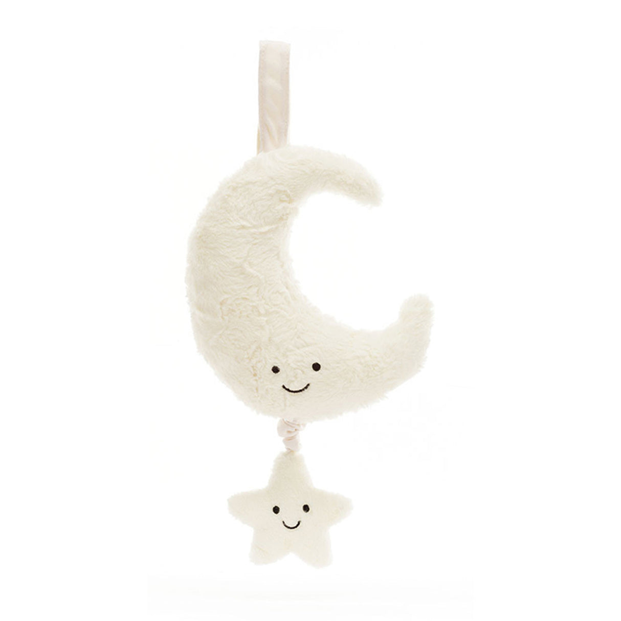 Musical plush toy shaped like a crescent moon with a star hanging from it on a white background