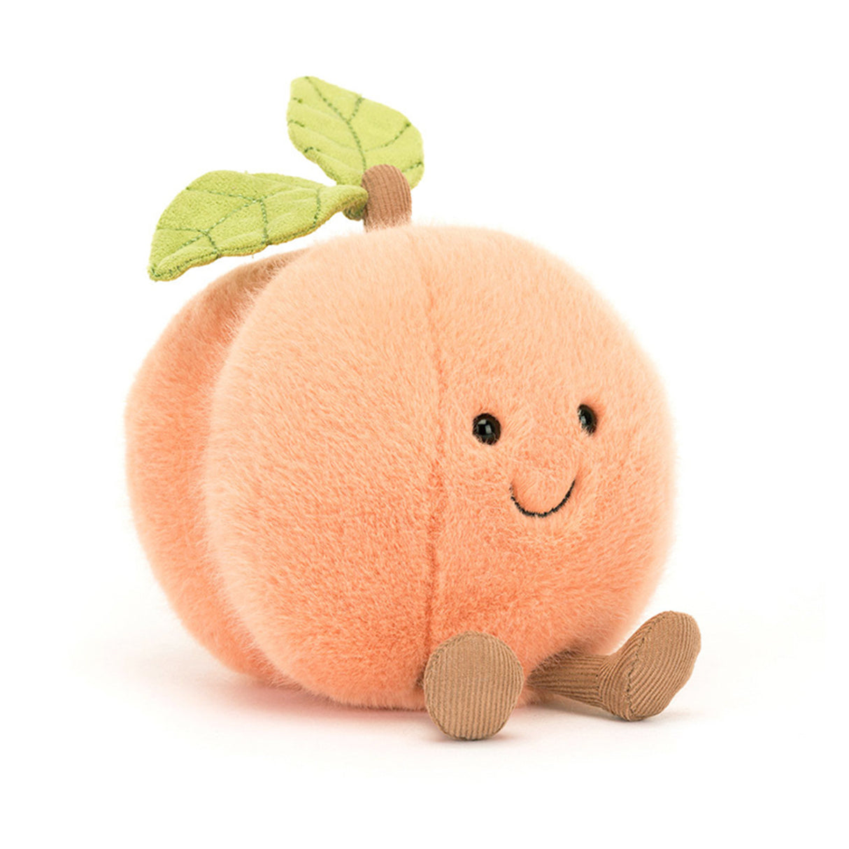 Jellycat amuseable Plush toy peach with a smiling face on a white background