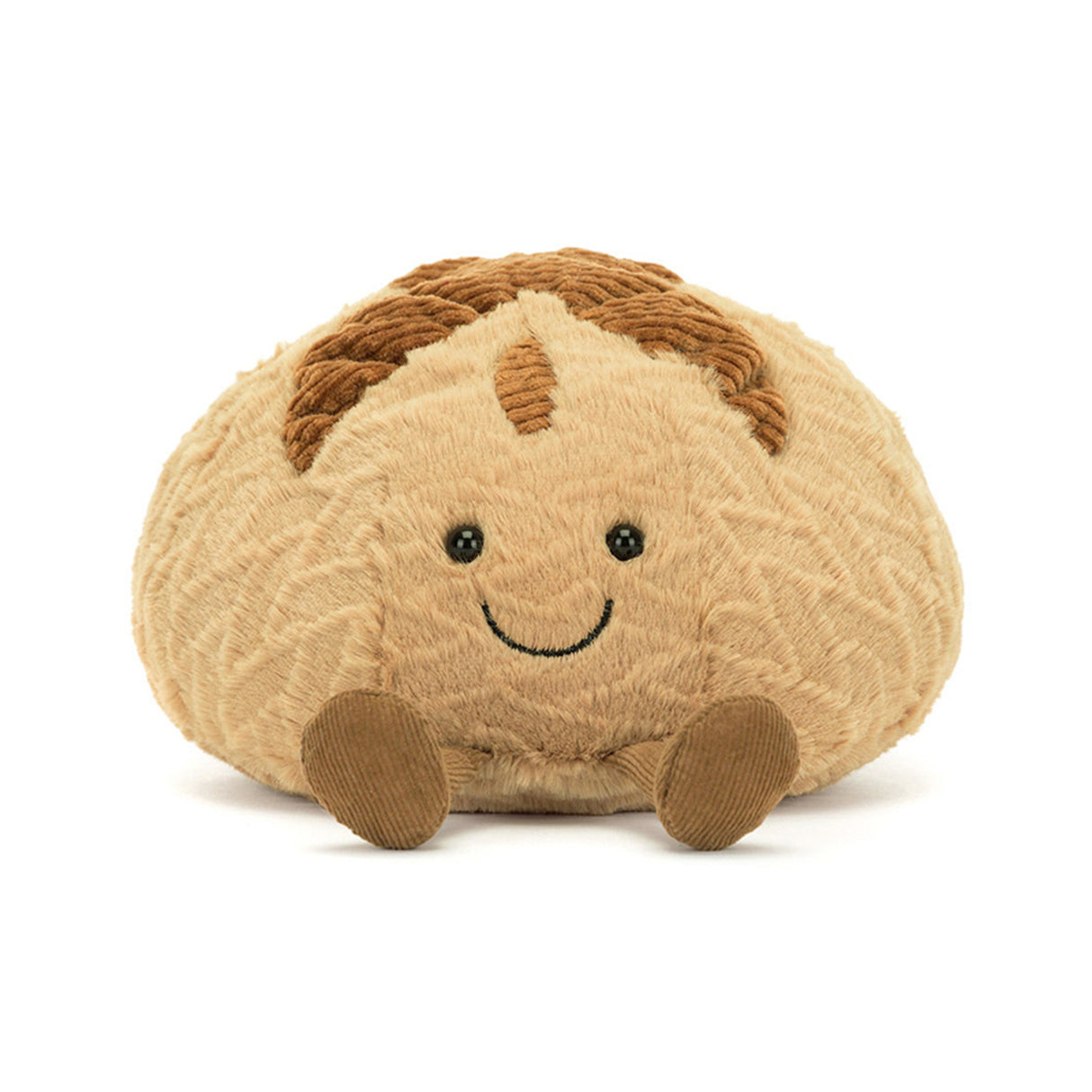Sourdough Plush toy shaped like a loaf of bread with a smiling face on a white background
