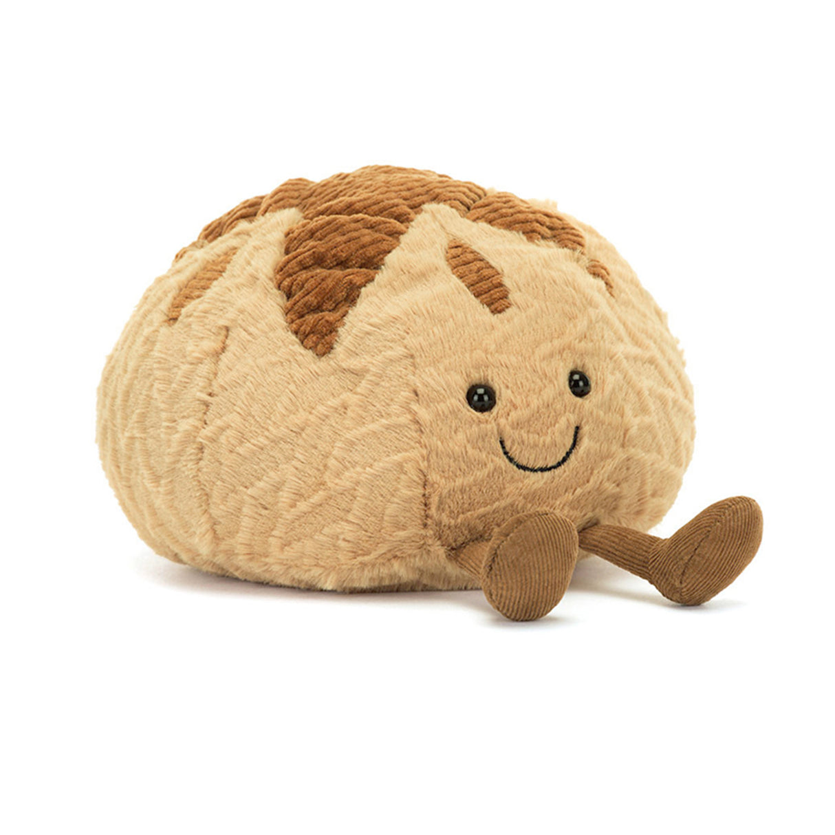 Sourdough Plush toy shaped like a loaf of bread with a smiling face on a white background
