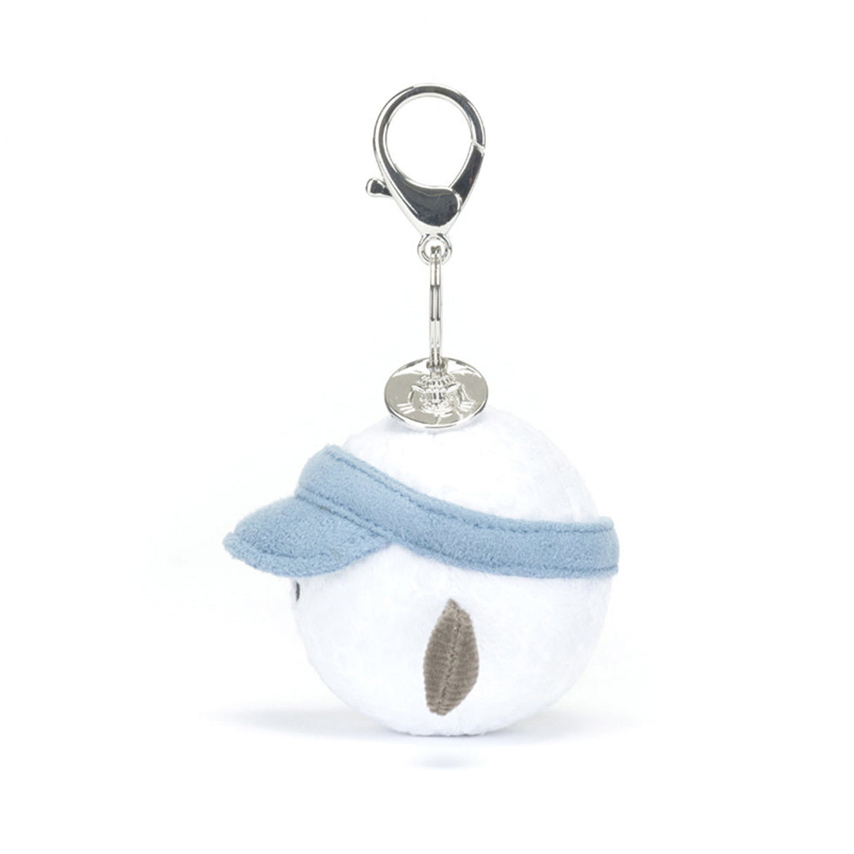 Plush Jellycat golf ball keychain with a blue sun hat and brown arms on a white background