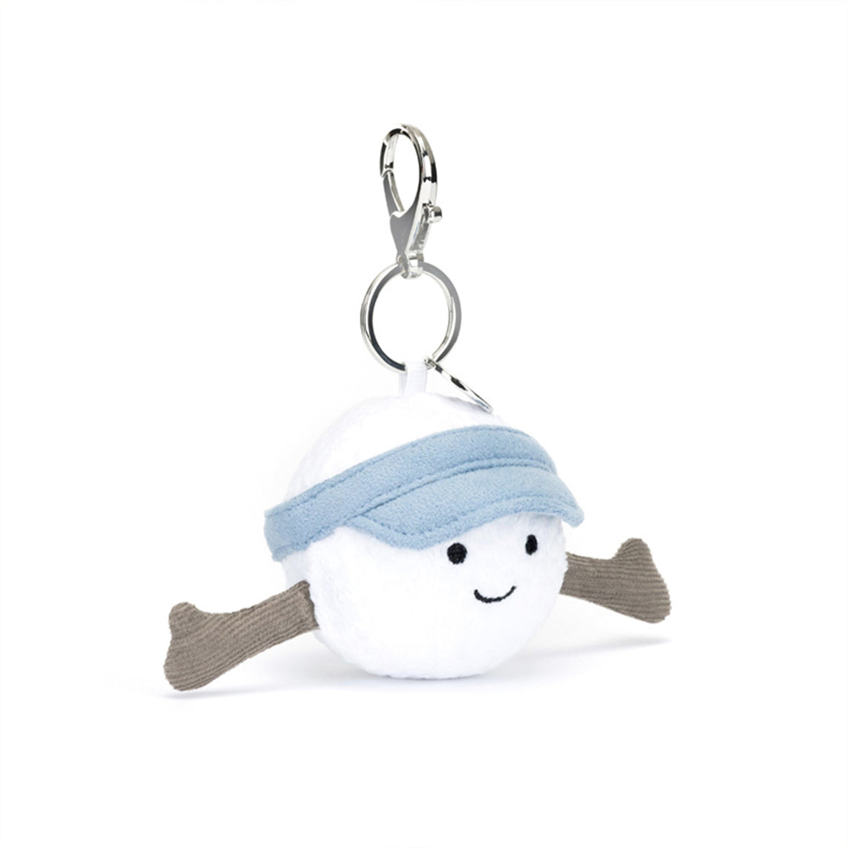 Plush Jellycat golf ball keychain with a blue sun hat and brown arms on a white background