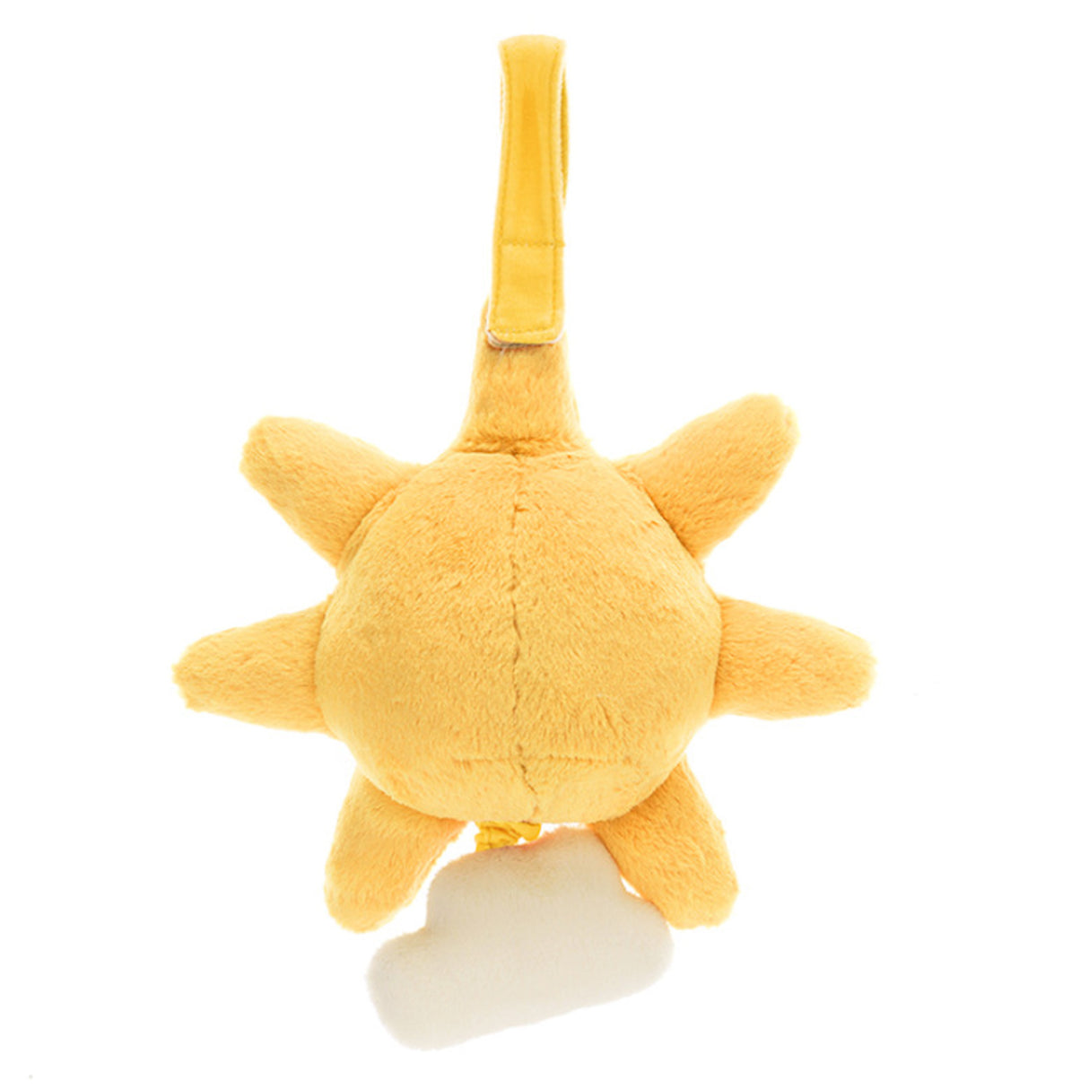 Yellow plush sun-shaped toy with a cloud at its base on a white background