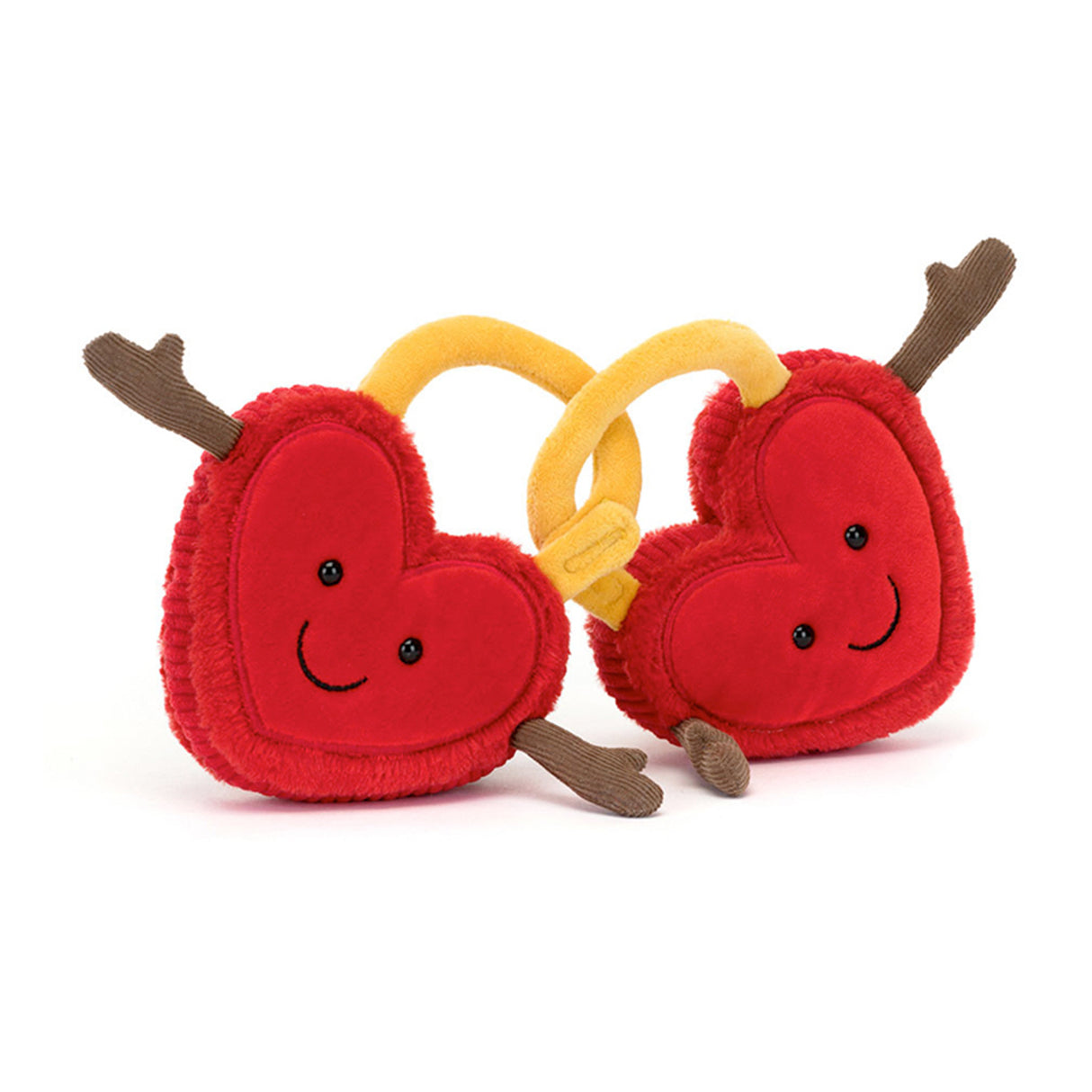 Two plush toy hearts locks with red fur, cord and embroidered accents, connected by a golden yellow lock part.