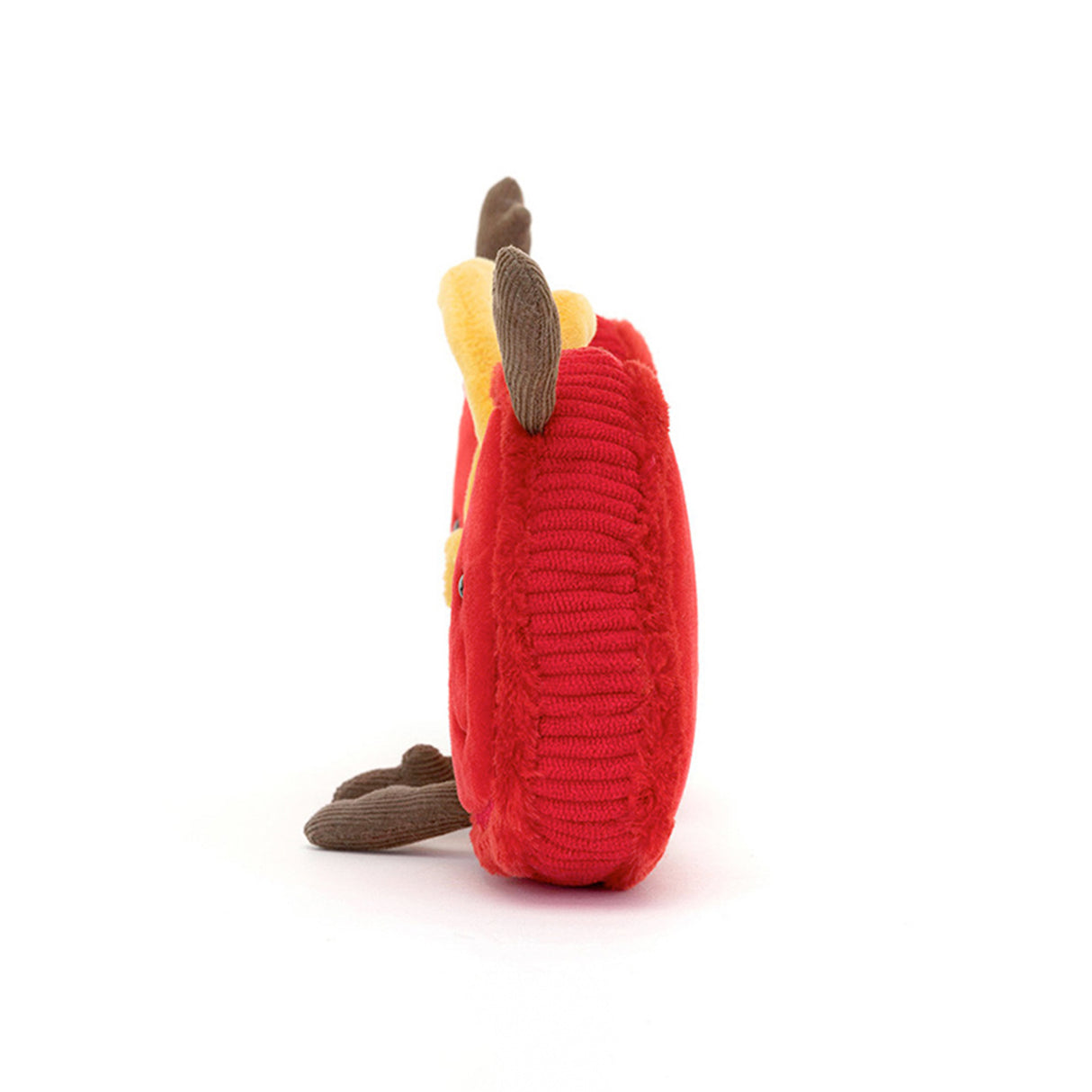 Two plush toy hearts locks with red fur, cord and embroidered accents, connected by a golden yellow lock part.