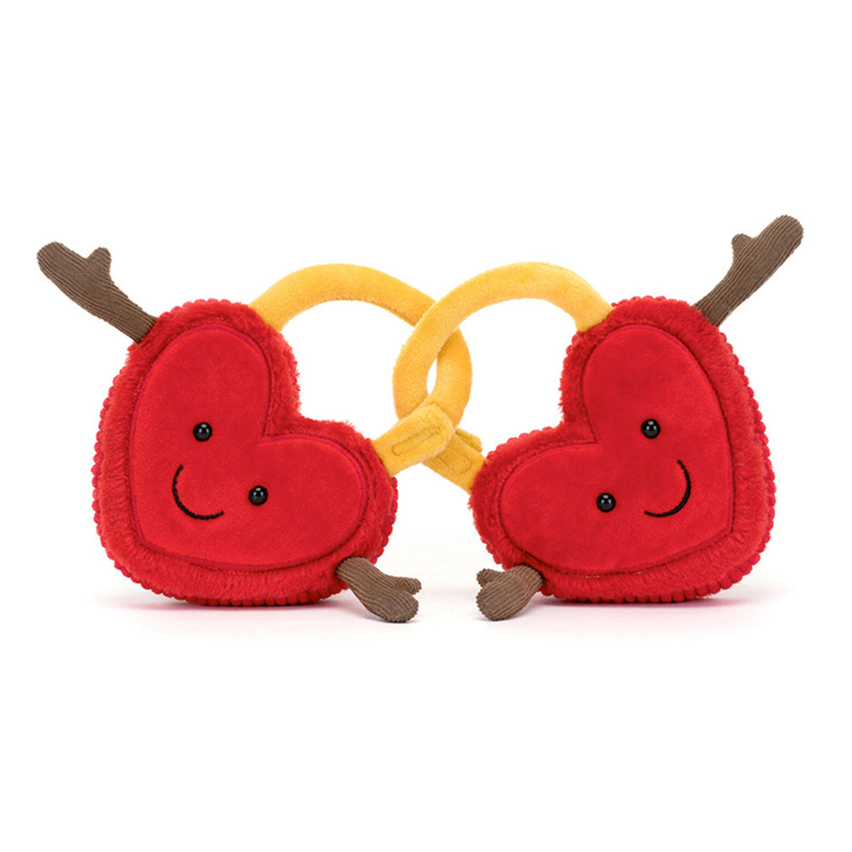Two plush toy hearts locks with red fur, cord and embroidered accents, connected by a golden yellow lock part.