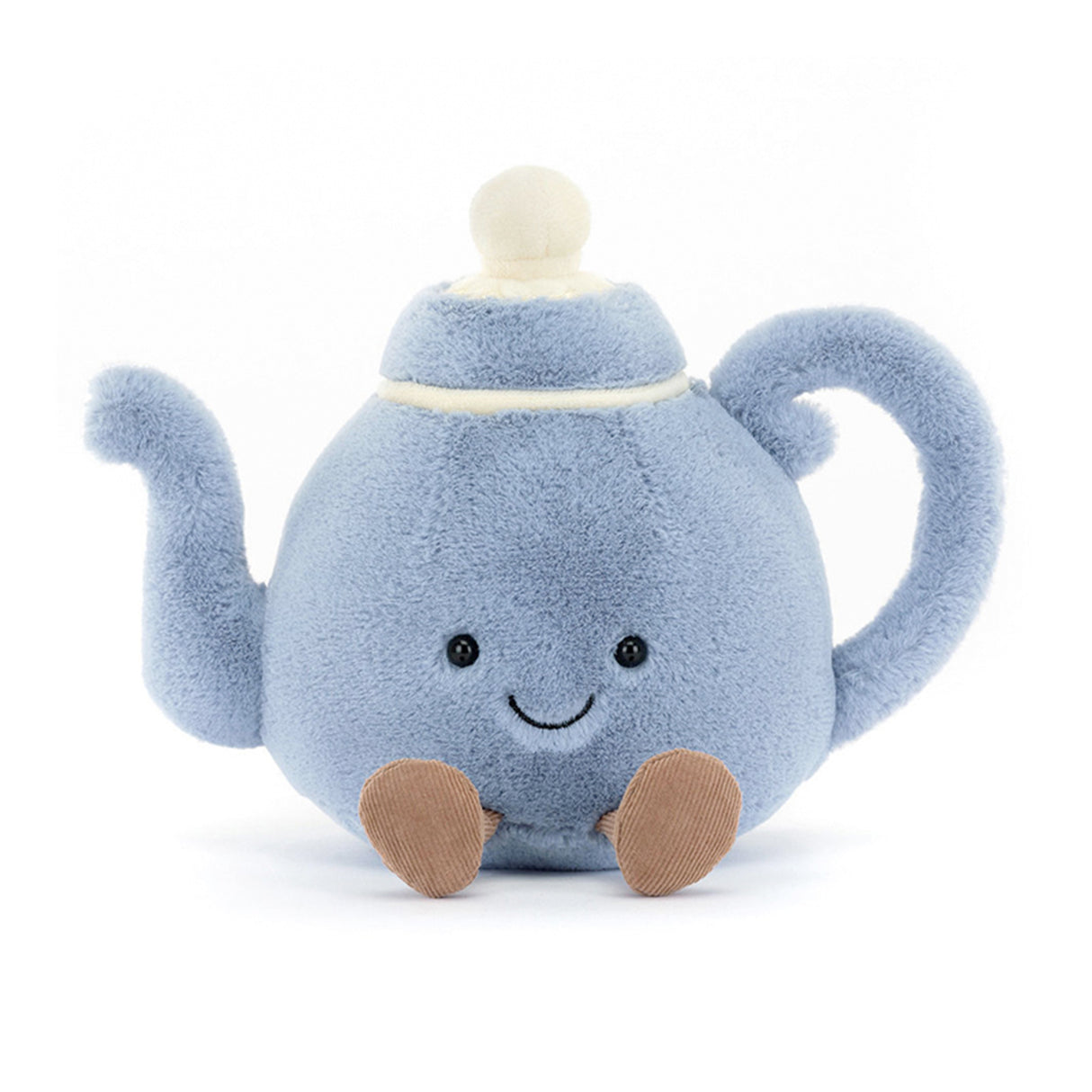 Jellycat Amuseable Blue plush teapot with a smiling face on a white background